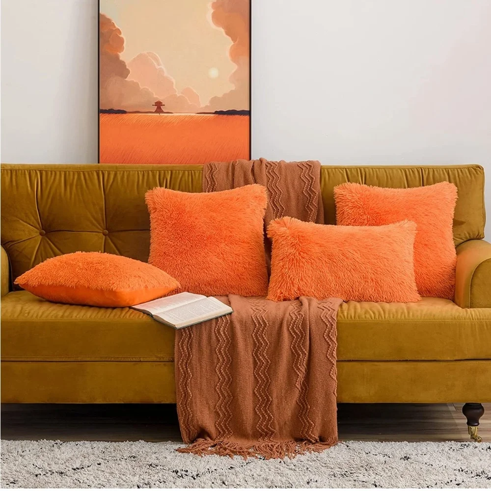 Luxury Home | Chic Bright Orange Soft Plush Faux Fur Throw Pillow Covers